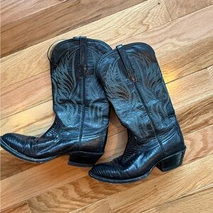 Black Leather Cowboy Boots with Embroidered Pull Tabs